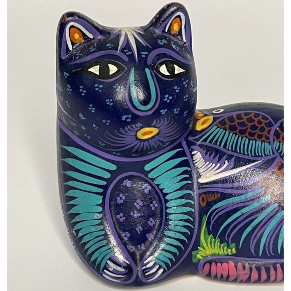 Cat Kitten Mexican Folk Art Pottery Blue W Bird Figurine Tonala Talavera Style - Picture 9 of 10